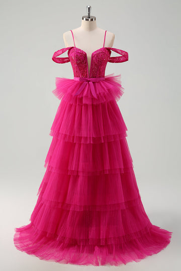 Hot Pink Cold Shoulder A-Line Tyl Tiered Lang Gallakjole med Appliques